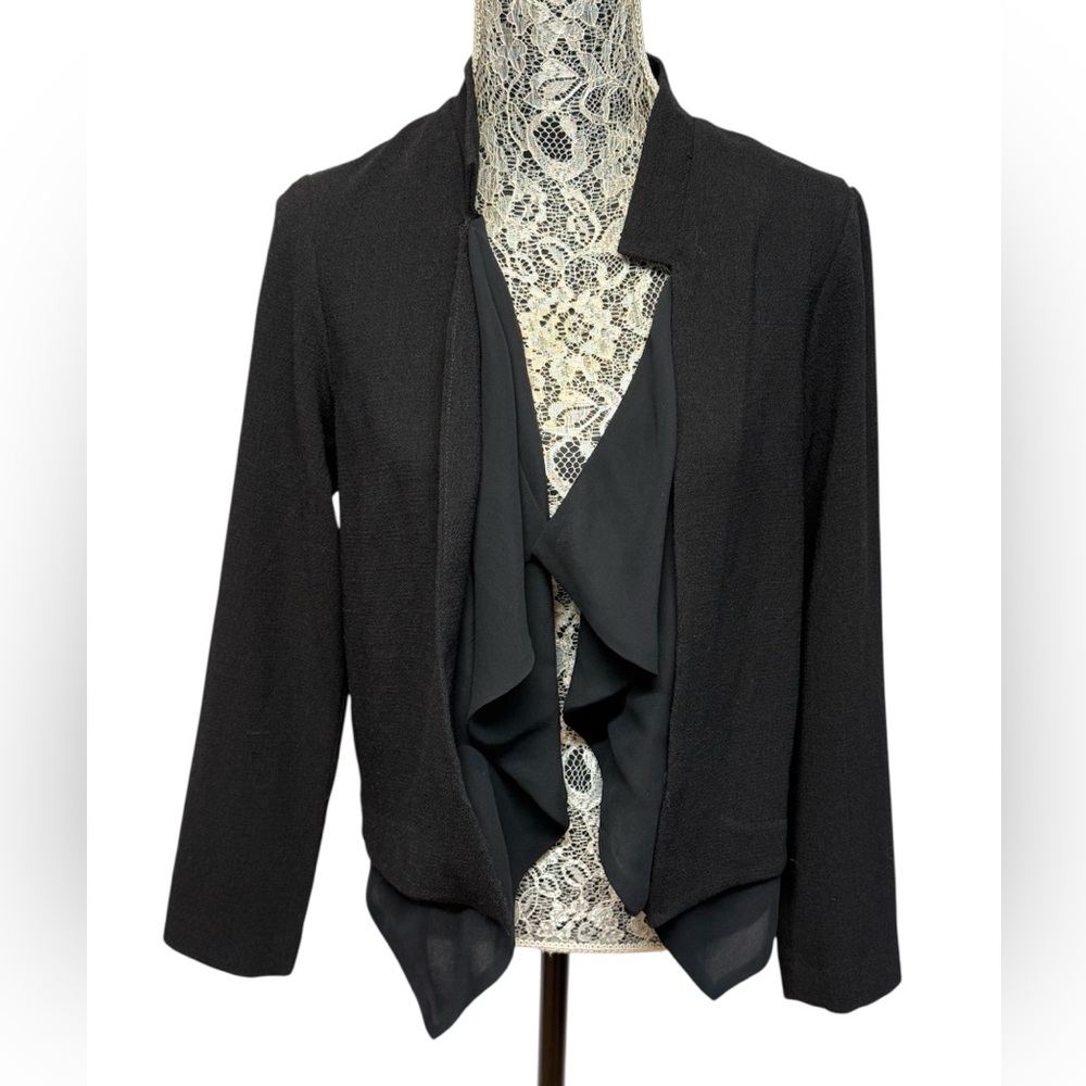 BCBGeneration Small Black Draped Open Front Asymmetrical Waterfall Blazer Jacket